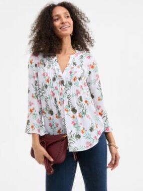 Style&Co. Blouse Womens 3X Plus White Floral V Neck Pintuck Tunic Top Spring NWT